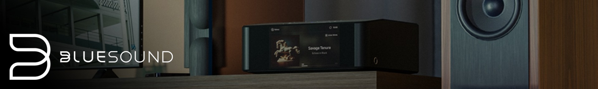 A sleek audio player displays "Savage Tenure" on a screen, surrounded by speakers and wood accents. Bluesound logo is on the left, adding a modern touch.