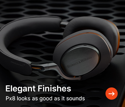 A sleek pair of black over-ear headphones with orange accents on a textured surface. Text reads, "Elegant Finishes: Px8 looks as good as it sounds."