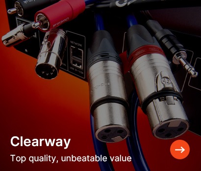 Close-up of various audio cables connected to a device against a vibrant red background. Text reads "Clearway: Top quality, unbeatable value".