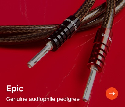 Coiled black and red braided audio cables with silver connectors on a vibrant red background. Text reads "Epic - Genuine audiophile pedigree."