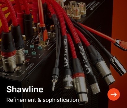 Red audio cables connected to a sound system, showcasing various connectors. The text reads "Shawline: Refinement & sophistication."