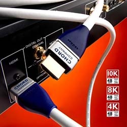 Two blue HDMI cables are plugged into a black device against an orange background. Labels indicate compatibility with 4K, 8K, and 10K resolutions.