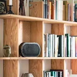 Wooden bookshelf filled with assorted books and decorative items, including a black speaker. The scene conveys a cosy, organized, and intellectual ambiance.