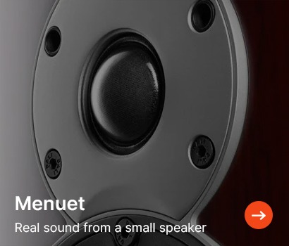 Close-up of a sleek, modern speaker with a dark, glossy finish. Text reads "Menuet: Real sound from a small speaker."