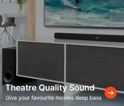 The image shows a sleek home theater setup with a TV displaying a surfer on ocean waves, a soundbar underneath, and a subwoofer. Text reads "Theatre Quality Sound."
