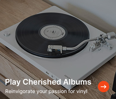 A white turntable playing a vinyl record on a wooden surface, conveying a nostalgic and inviting mood. Text reads "Play Cherished Albums."