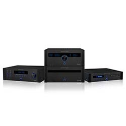 Four black audio components are arranged side by side. Each device has a digital display with blue lighting, showcasing a sleek, modern design.