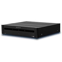 A black audio amplifier with a sleek, rectangular design. The front panel has a minimalist appearance with subtle branding, conveying modern elegance.