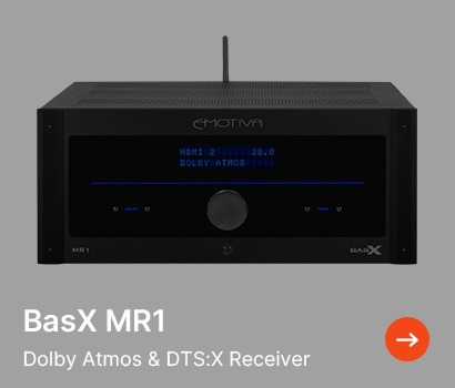 Black BasX MR1 audio receiver with digital display showing 'HDMI 2' and 'DOLBY ATMOS.' Text below reads 'Dolby Atmos & DTS:X Receiver.' An orange arrow icon to the right.