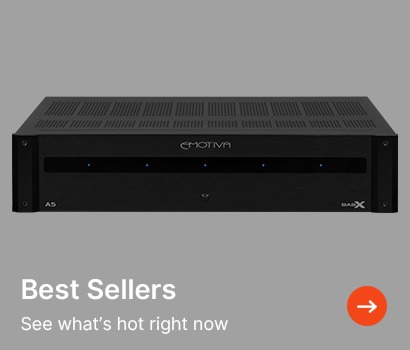 A black audio amplifier with blue indicator lights is set against a grey background. Text reads, "Best Sellers: See what's hot right now," with an orange arrow.