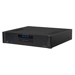 Alt text: A sleek black CD player with blue LED display and control buttons on the front panel. The design is modern and minimalistic.