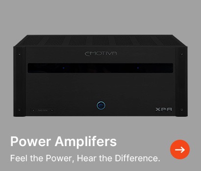 Black power amplifier against a gray background with text "Power Amplifiers, Feel the Power, Hear the Difference." Orange arrow icon included.