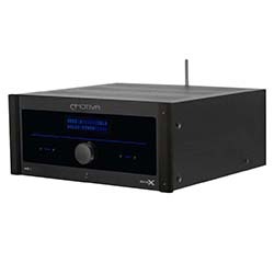 A black audio receiver with a central knob and blue digital display, featuring a matte finish and compact design, conveying a sleek and modern feel.