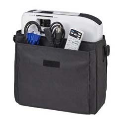 A black, rectangular carrying case holds a white projector, neatly packed with a remote and various cables, conveying efficiency and organization.