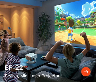 A family excitedly plays virtual tennis projected on a wall by the EF-22 mini laser projector, in a cosy, modern living room setting.