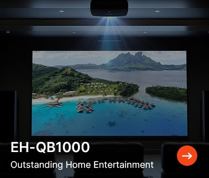 A home theater room with a projector displaying a vivid tropical island scene. Text reads "EH-QB1000 Outstanding Home Entertainment" with an orange arrow.