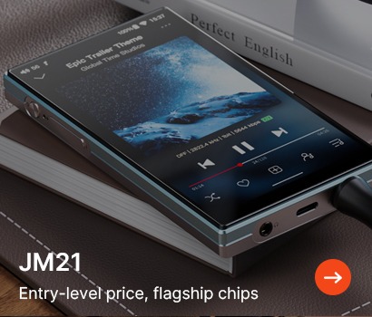 Image of a sleek JM21 music player on a book, showing a dramatic ocean scene on its screen. Text reads "Entry-level price, flagship chips."