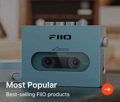 Blue FiiO audio player with retro design on a table, highlighted as 'Most Popular Best-selling FiiO products' with an orange arrow.