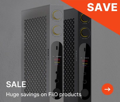 Promotional image showing two FiiO audio amplifiers, one in white and one in black, with a red 'SAVE' banner.