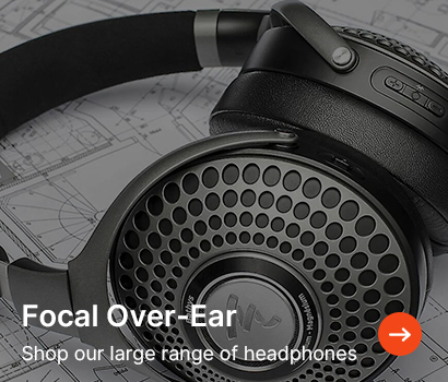 Close-up of Focal over-ear headphones on technical blueprints, conveying precision and quality. Text: "Focal Over-Ear, Shop our large range of headphones."