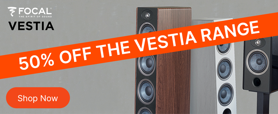 dvertisement for Focal Vestia Range speakers. Text reads 'Don't miss out, 50% off.' Features three stylish speakers and a 'Shop Now' button.
