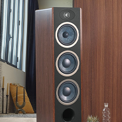 Tall, brown wood-grain speaker with four circular drivers stands in a modern room. Nearby, a window and decor add to the sleek, sophisticated atmosphere.