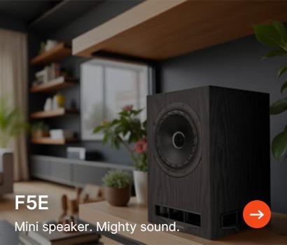 A compact black speaker on a wooden table in a modern living room. Shelves with plants and décor are blurred in the background. Text: "F5E Mini speaker. Mighty sound."