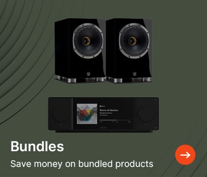 Two sleek black speakers and an audio player displayed against a dark green background. Text reads 'Bundles - Save money on bundled products.'