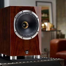 A polished wooden speaker with a silver-rimmed cone sits on a black surface in a cosy room. A leather chair and framed artwork are visible in the blurred background.