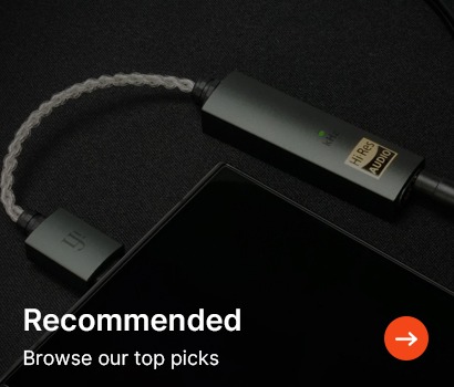 Black audio converter with braided cable on dark surface, labelled 'Hi-Res Audio'. Text reads 'Recommended: Browse our top picks' with an orange arrow.