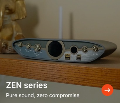 A sleek audio device labeled "ZEN series" on a wooden shelf, emphasizing hi-res sound quality. Text below reads "Pure sound, zero compromise," conveying high performance.