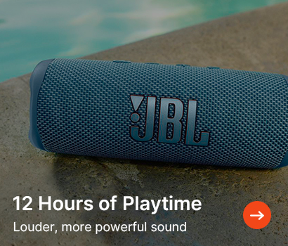 Blue JBL portable speaker on poolside surface, emphasizing 12 hours of playtime with text "Louder, more powerful sound" and an orange arrow icon.