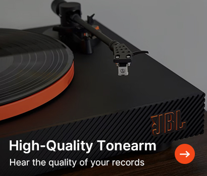 Turntable with a sleek black tonearm and orange accents. The text reads, "High-Quality Tonearm. Hear the quality of your records," with an arrow icon.