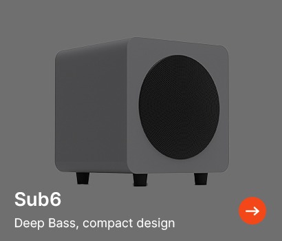 Compact white subwoofer on a grey background, featuring a black front speaker. Text reads "Sub6 Deep Bass, compact design."