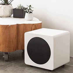 A modern white cube subwoofer with a black speaker sits on a concrete floor beside a live-edge wood table adorned with potted succulents.