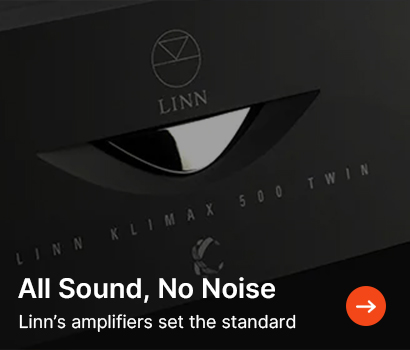 Dark image of a Linn Klimax 500 Twin amplifier with a sleek design. Text reads "All Sound, No Noise," conveying high-quality audio standards.