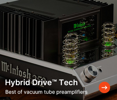 A high-end McIntosh vacuum tube preamplifier with glowing tubes, black fins, and silver knobs, conveying a sleek, modern audio technology feel.