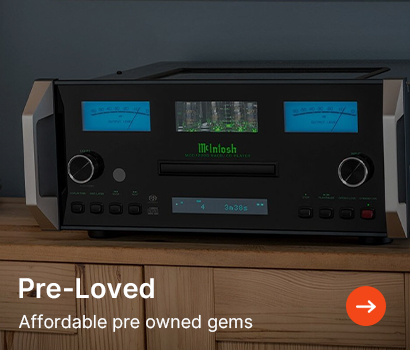 A vintage McIntosh audio amplifier on a wooden shelf, featuring blue-lit dials and display. Text overlay reads "Pre-Loved: Affordable pre owned gems."