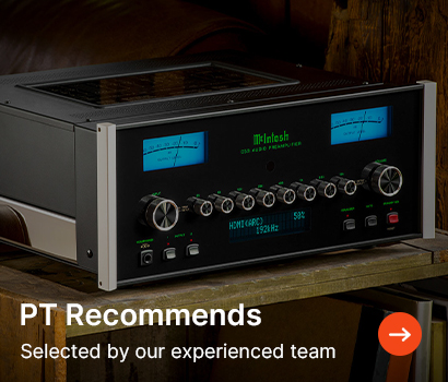 Vintage audio amplifier with glowing blue meters and multiple knobs is showcased. Text reads, "PT Recommends - Selected by our experienced team."