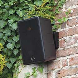 A black rectangular outdoor speaker mounted on a brick wall with green ivy surrounding it. The setting conveys a natural, blended look.