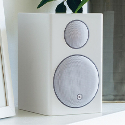 A sleek white speaker with two circular silver grilles sits on a shelf. A leafy plant is partially visible in the background, creating a modern, serene feel.