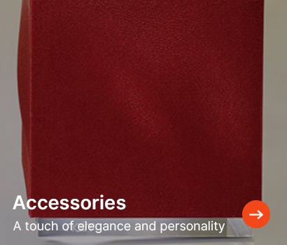 Red-textured background with the words "Accessories" and "A touch of elegance and personality" in white. An orange arrow icon is at the bottom right.