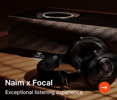 A pair of black headphones sits on a wooden surface next to a stylish speaker. Text reads "Naim x Focal, Exceptional listening experience," with an orange arrow.