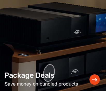 High-end audio equipment stacked, featuring sleek black designs with a brand logo. Text overlay reads "Package Deals: Save money on bundled products."