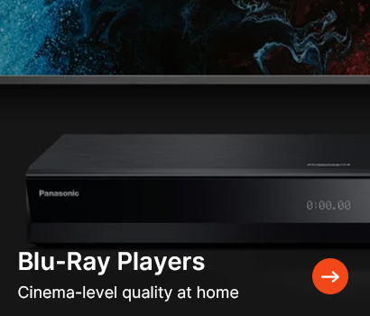 A sleek Panasonic Blu-Ray player sits against a dark, abstract background. Text reads "Blu-Ray Players: Cinema-level quality at home" with an orange arrow icon.