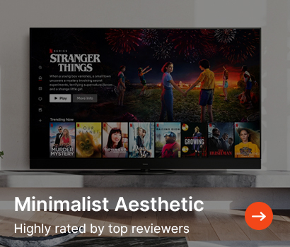 TV screen showing the "Stranger Things" homepage, surrounded by other show thumbnails. Banner reads "Minimalist Aesthetic - Highly rated by top reviewers."