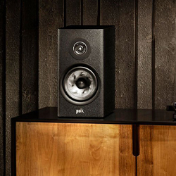 A black speaker with a visible cone and tweeter on a wooden cabinet, set against a dark textured wall, creating a modern and minimalist ambiance.