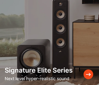 Speaker setup in a modern room with large floor-standing speaker and subwoofer, next to a console. Text: 'Signature Elite Series, Next level hyper-realistic sound.'