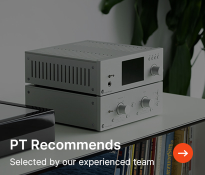 Stacked silver audio equipment on a shelf, surrounded by books and plants. Text reads "PT Recommends: Selected by our experienced team."