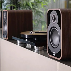 Wooden speakers flanking a modern turntable on a sleek surface, with green plants in the background creating a serene, retro ambiance.
